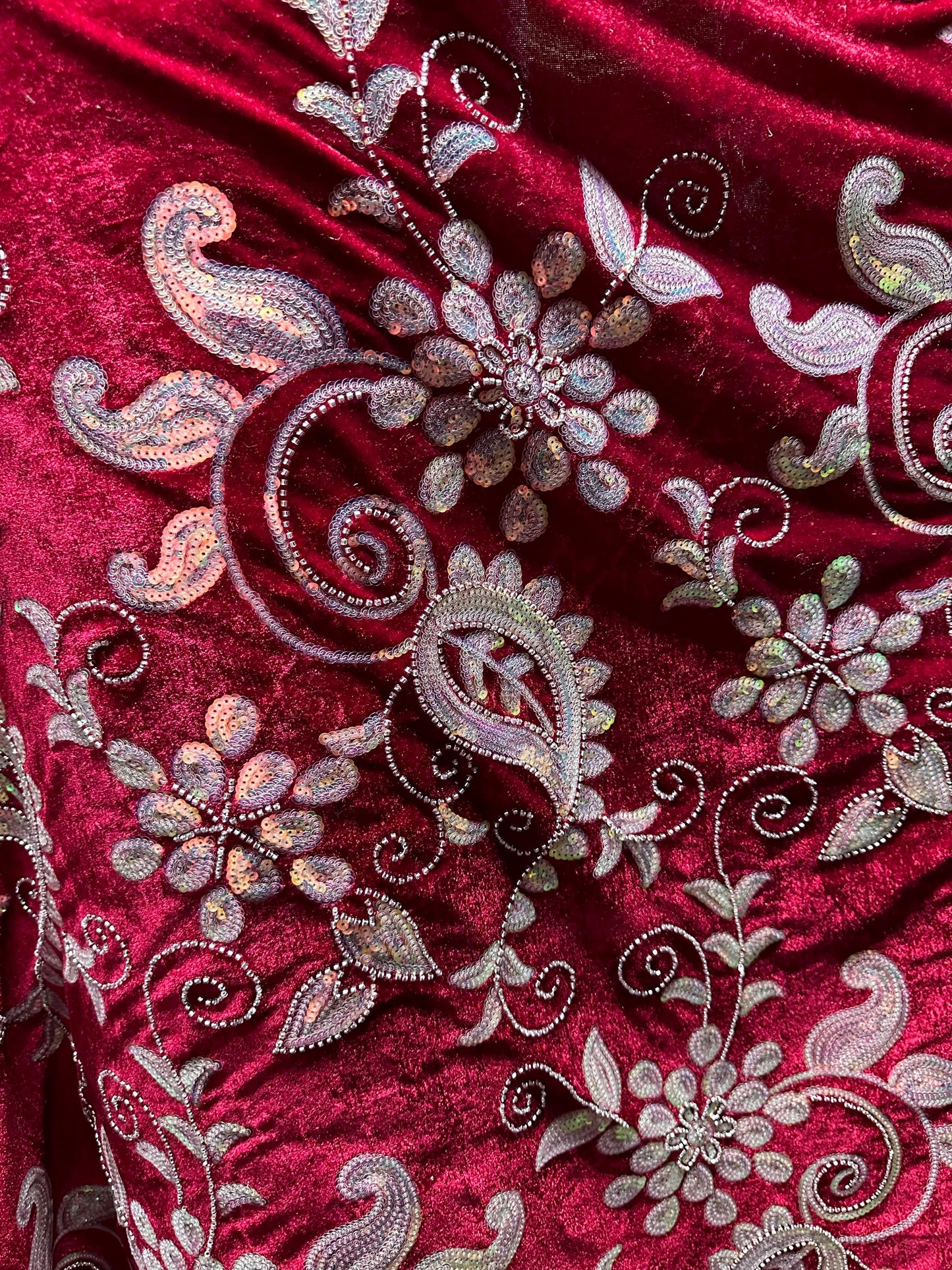 RED Floral Sequin Beaded Stretch Velvet Fabric (58 in.) Sold By The Yard