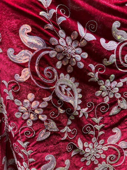 RED Floral Sequin Beaded Stretch Velvet Fabric (58 in.) Sold By The Yard