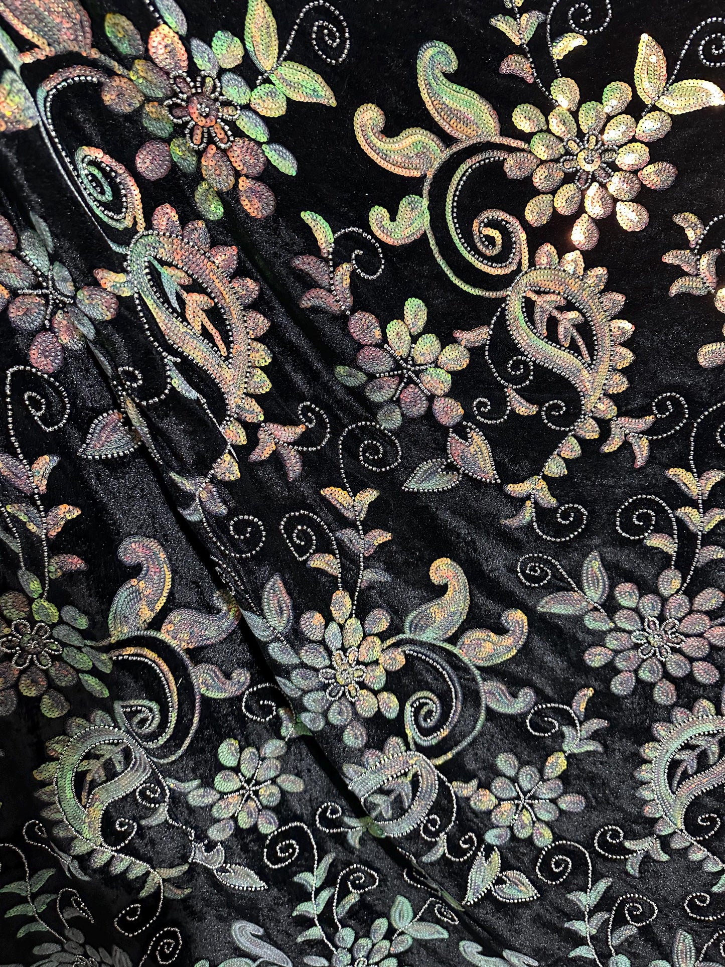 BLACK Floral Sequin Beaded Stretch Velvet Fabric (58 in.) Sold By The Yard