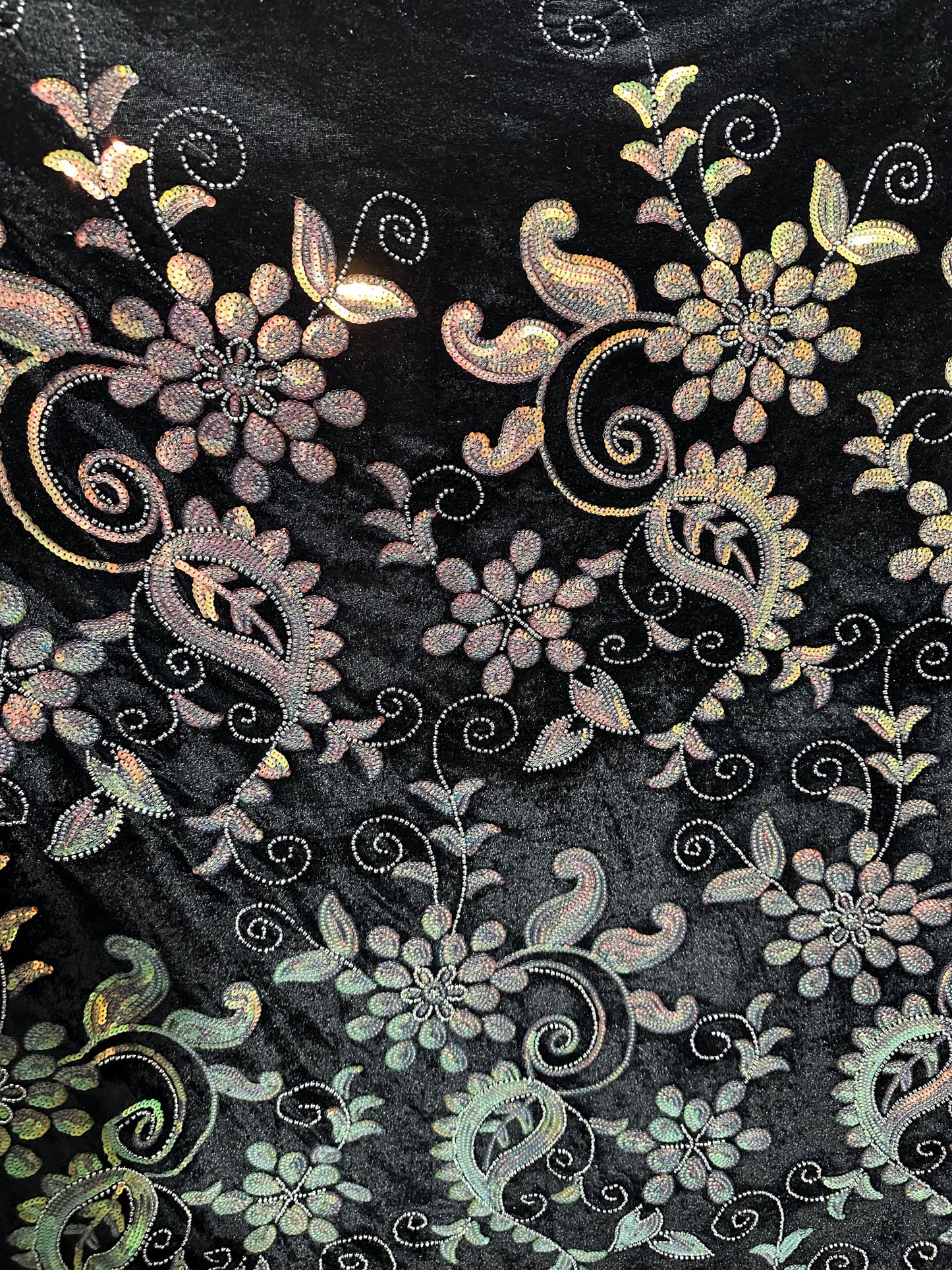 BLACK Floral Sequin Beaded Stretch Velvet Fabric (58 in.) Sold By The Yard