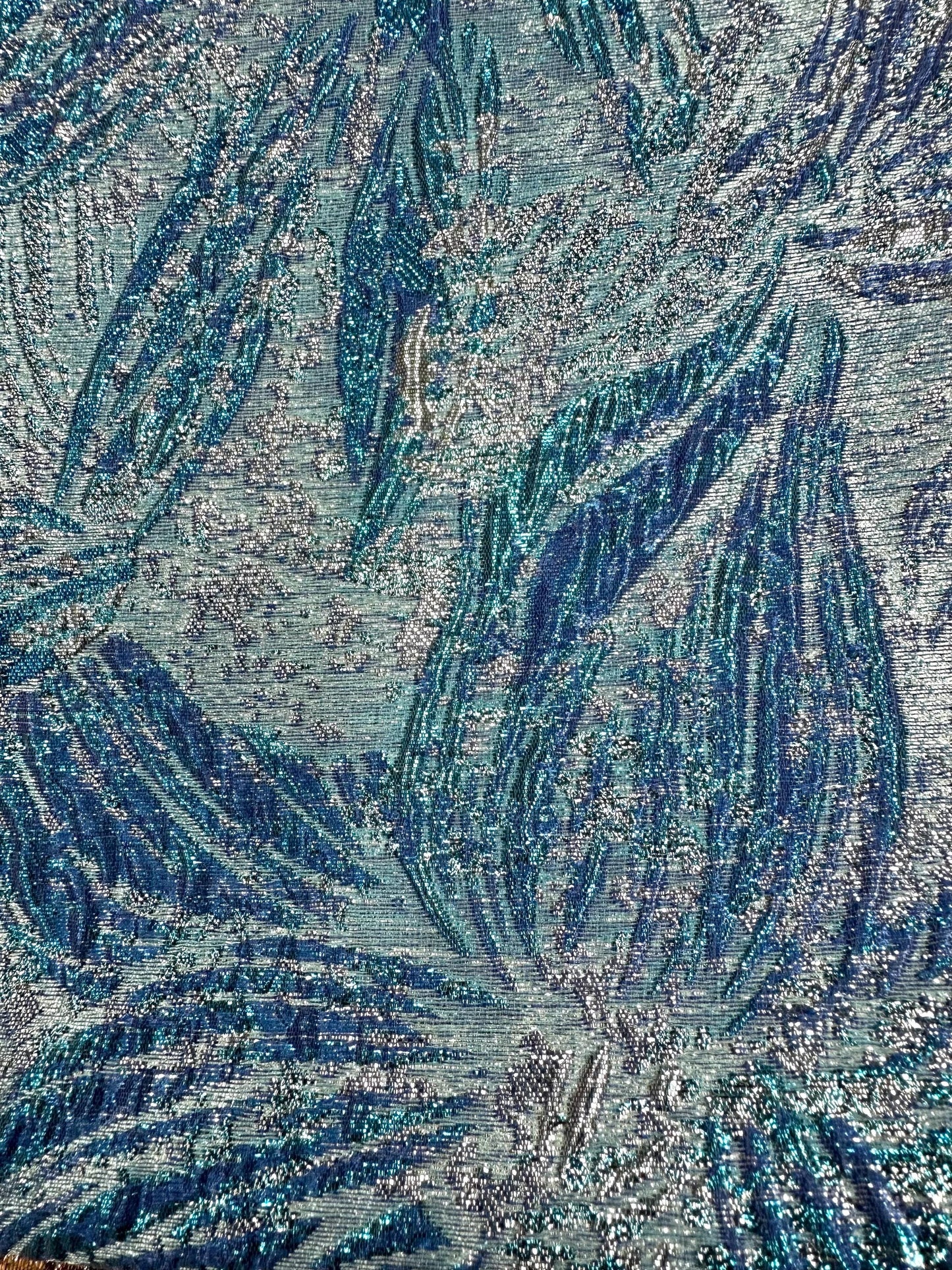 TURQUOISE BLUE SILVER Floral Metallic Brocade Fabric (60 in.) Sold By The Yard