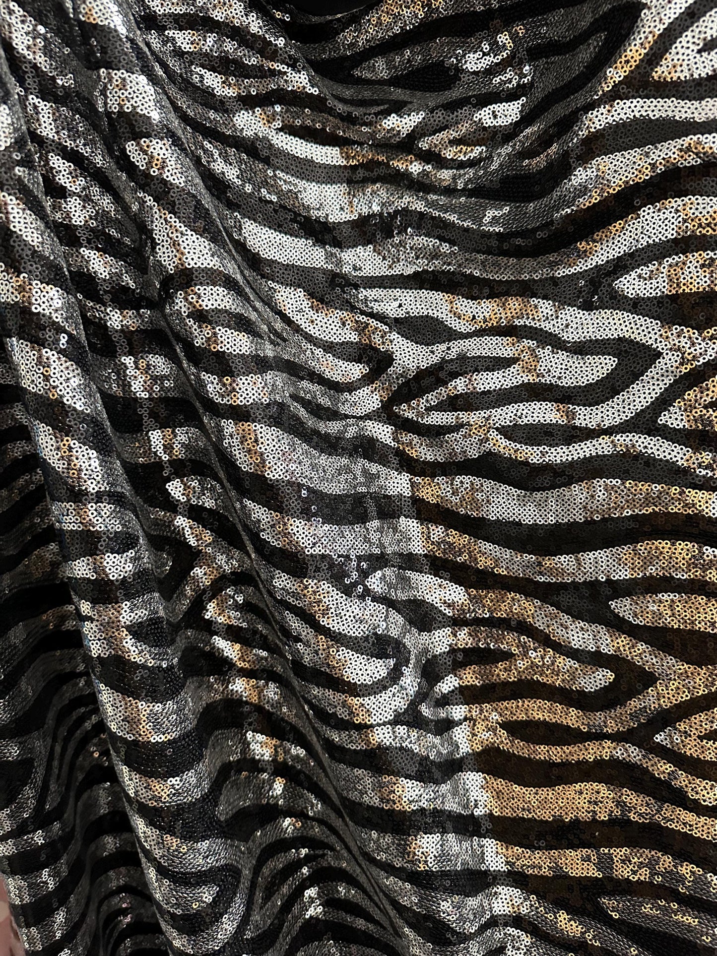 SILVER BLACK Zebra Sequins Spandex Stretch Fabric (55 in.) Sold By The Yard