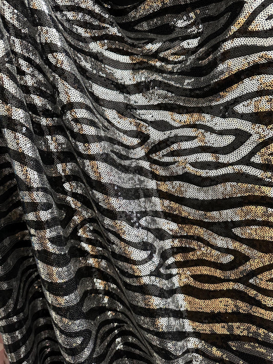 SILVER BLACK Zebra Sequins Spandex Stretch Fabric (55 in.) Sold By The Yard