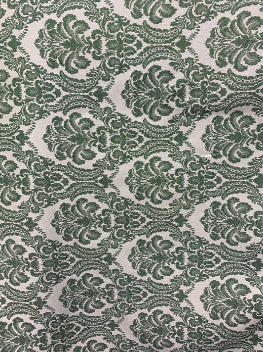 GREEN WHITE BEIGE Damask Brocade Upholstery Drapery Fabric (54 in.) Sold By The Yard