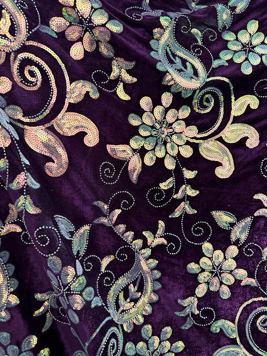 PURPLE Floral Sequin Beaded Stretch Velvet Fabric (58 in.) Sold By The Yard