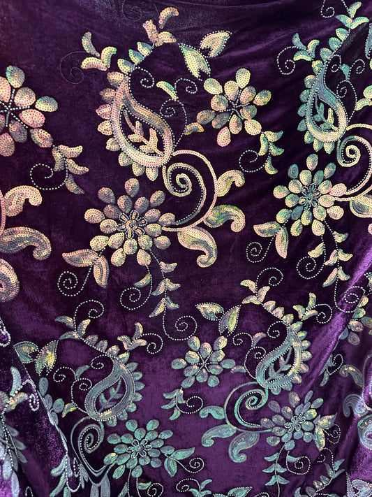 PURPLE Floral Sequin Beaded Stretch Velvet Fabric (58 in.) Sold By The Yard