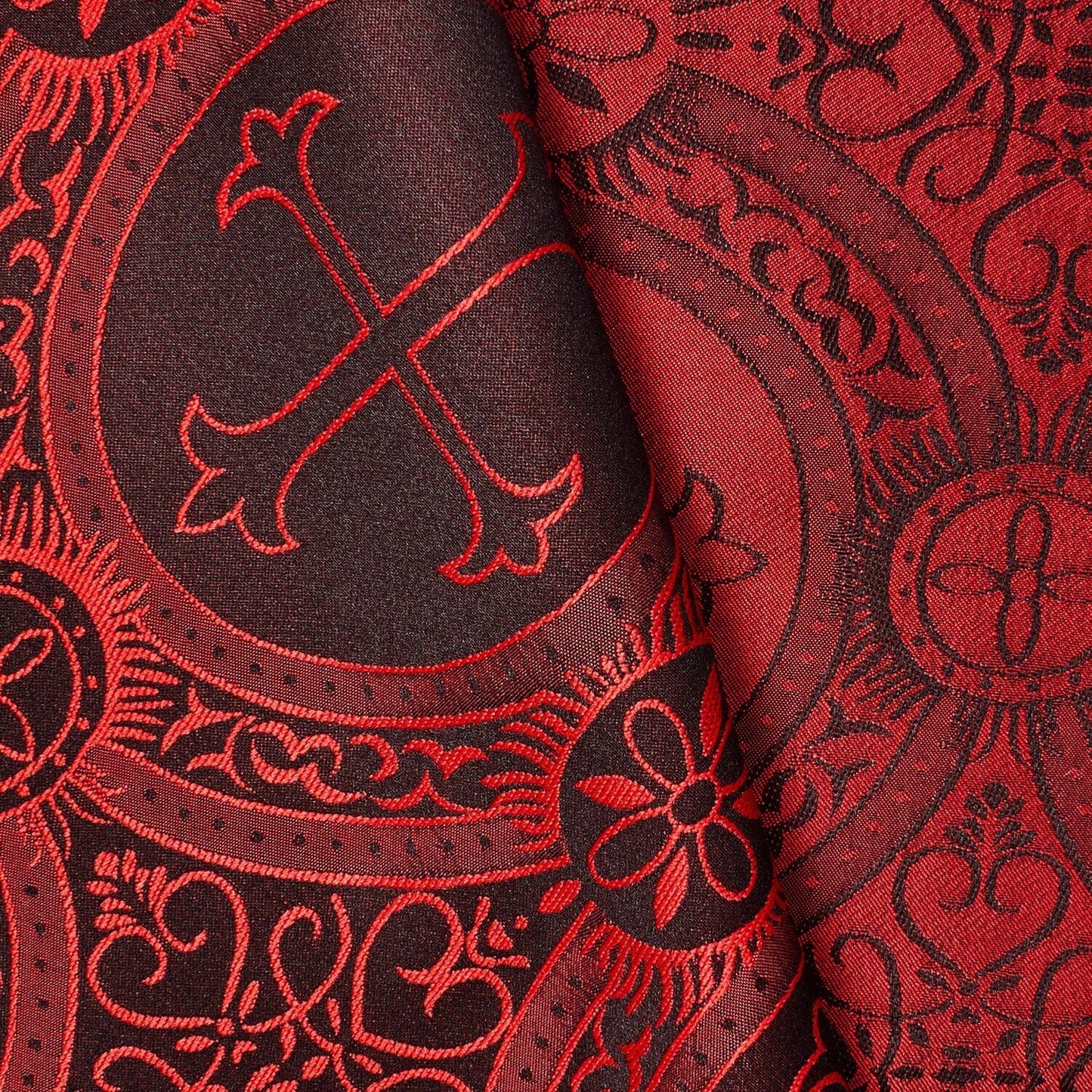 RED BLACK Liturgical Cross Brocade Fabric (60 in.) Sold By The Yard