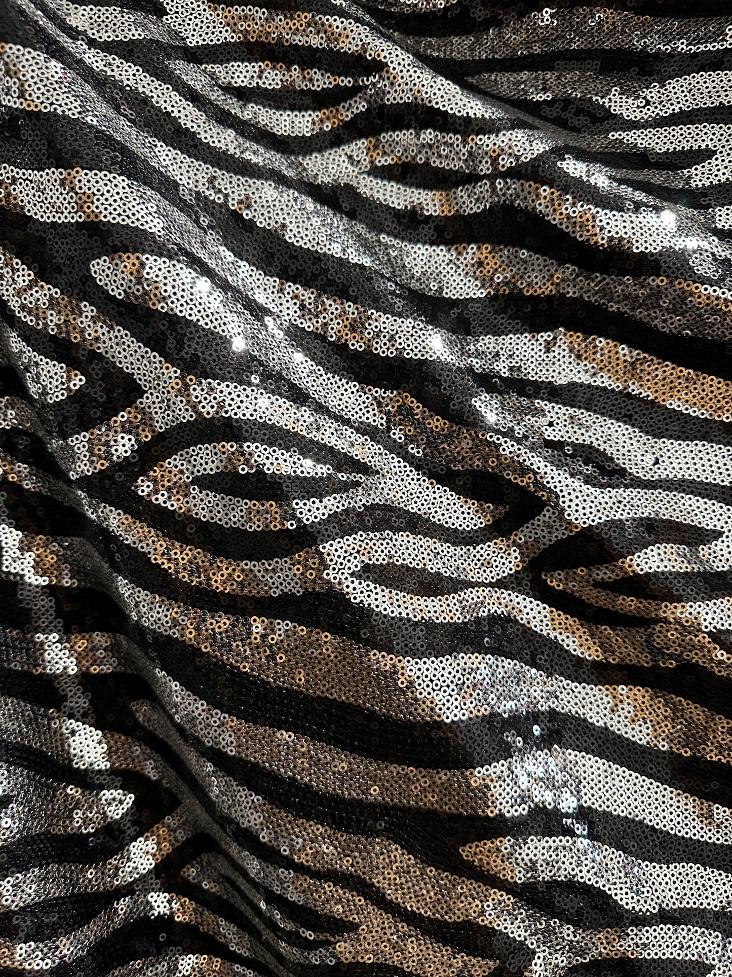 SILVER BLACK Zebra Sequins Spandex Stretch Fabric (55 in.) Sold By The Yard
