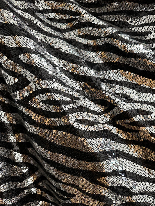 SILVER BLACK Zebra Sequins Spandex Stretch Fabric (55 in.) Sold By The Yard