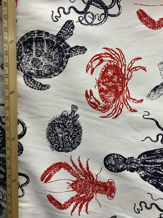 WHITE RED NAVY Sea Animals 100% Cotton Canvas Fabric (56 in.) Sold By The Yard