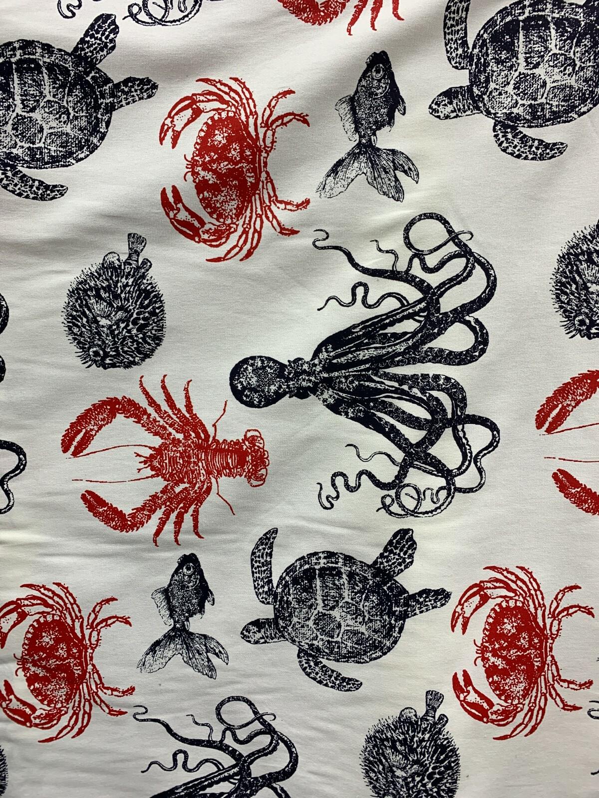 WHITE RED NAVY Sea Animals 100% Cotton Canvas Fabric (56 in.) Sold By The Yard