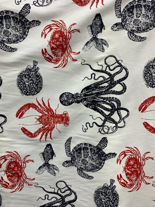 WHITE RED NAVY Sea Animals 100% Cotton Canvas Fabric (56 in.) Sold By The Yard