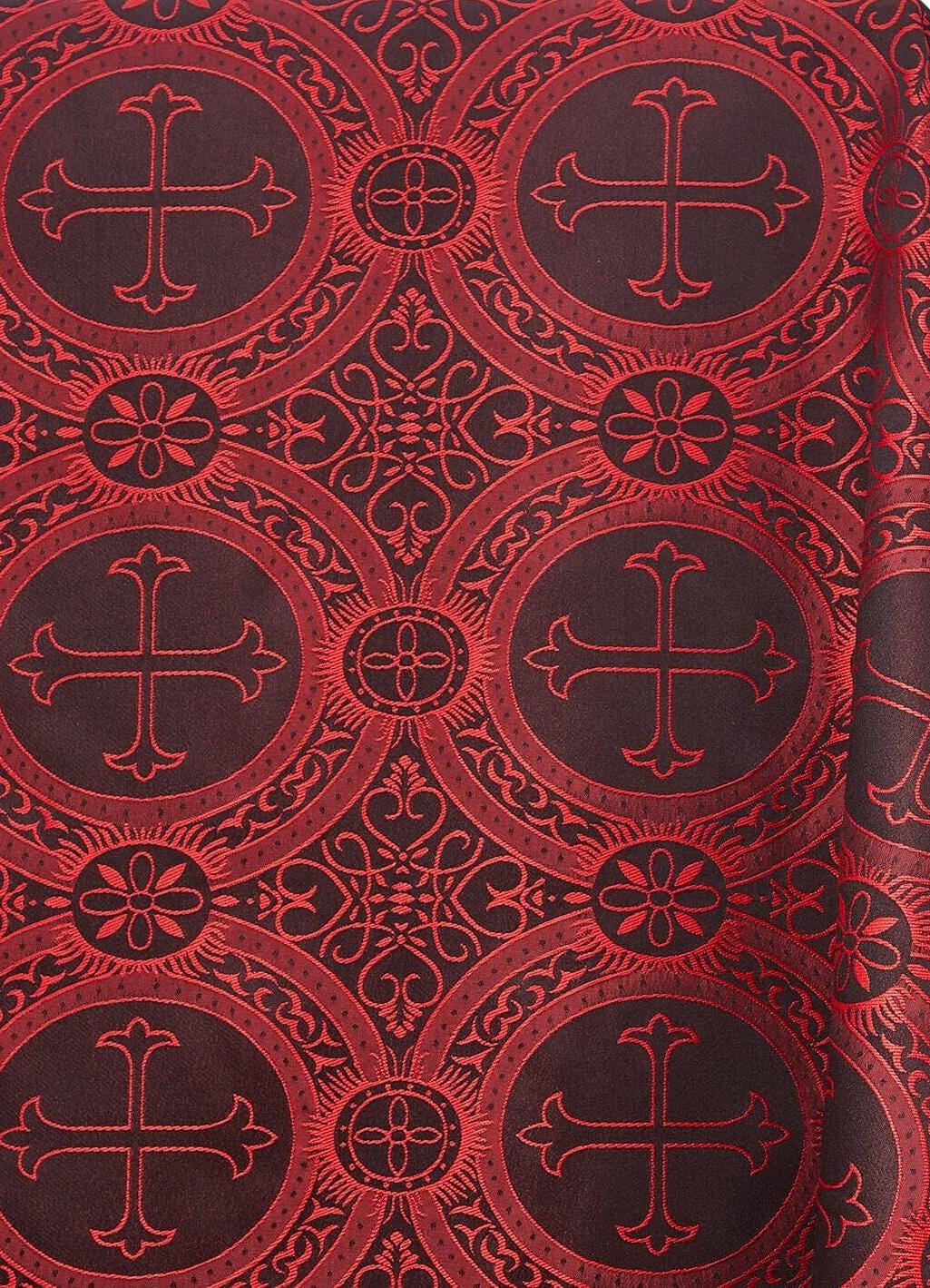 RED BLACK Liturgical Cross Brocade Fabric (60 in.) Sold By The Yard