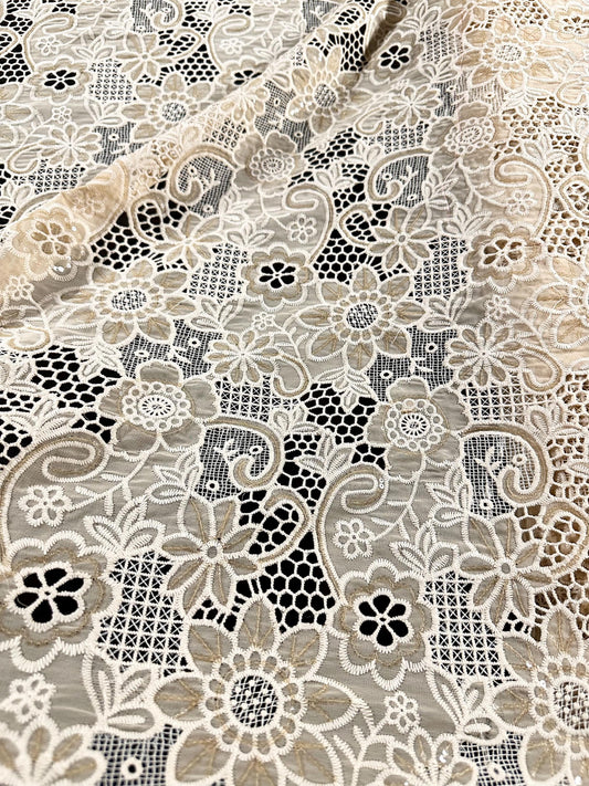 BEIGE Floral Sequin Chiffon Lace Fabric (54 in.) Sold By The Yard