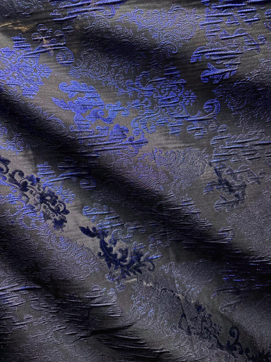 NAVY BLUE BLACK Damask Metallic Brocade Fabric (58 in.) Sold By The Yard