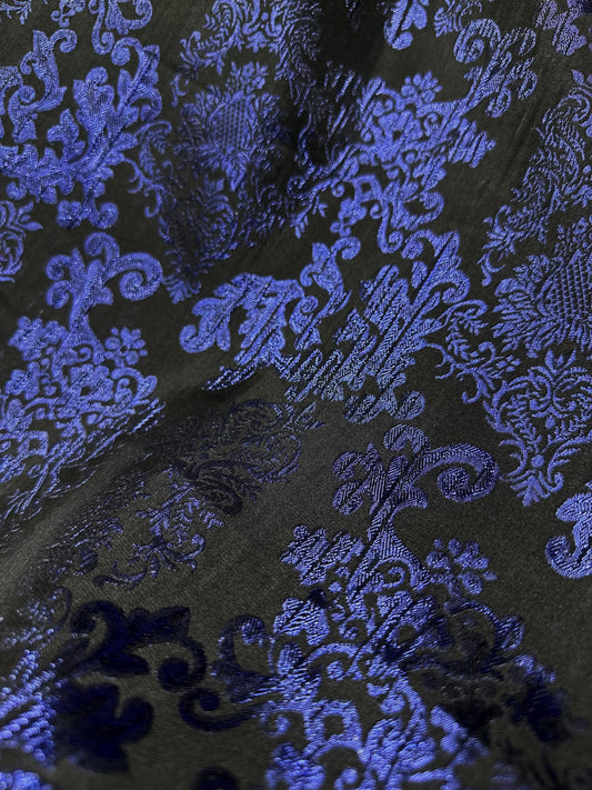 NAVY BLUE BLACK Damask Metallic Brocade Fabric (58 in.) Sold By The Yard