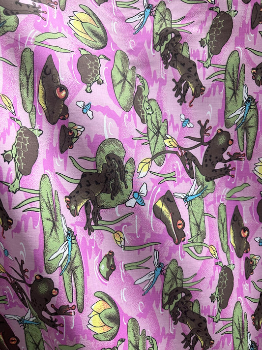PINK GREEN MULTICOLOR Frogs Printed 100% Cotton Fabric (60 in.) Sold By The Yard