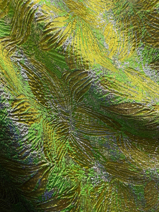 GREEN GOLD SILVER Floral Metallic Brocade Fabric (60 in.) Sold By The Yard