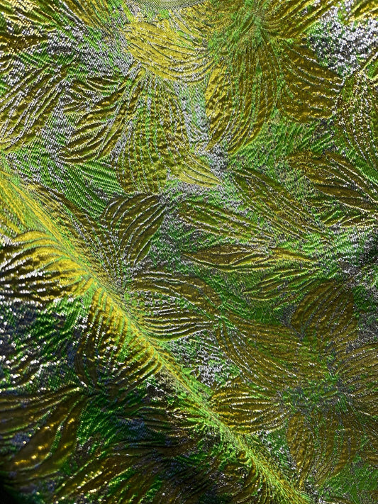 GREEN GOLD SILVER Floral Metallic Brocade Fabric (60 in.) Sold By The Yard