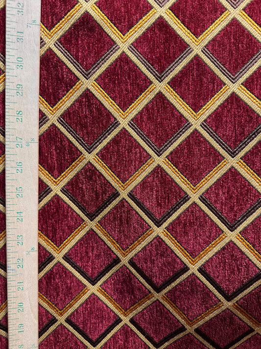 BURGUNDY GOLD Diamond Chenille Upholstery Brocade Fabric (54 in.) Sold By The Yard