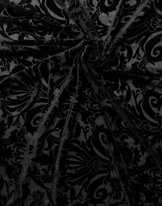 BLACK Damask Floral Burnout Stretch Velvet Fabric (58 in.) Sold By The Yard