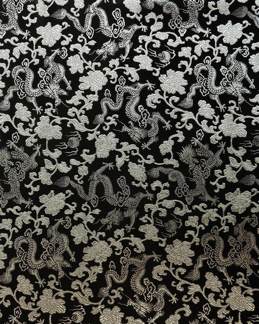 Black Silver Floral Dragon Silk Brocade Fabric (30 in.) Sold By The Yard