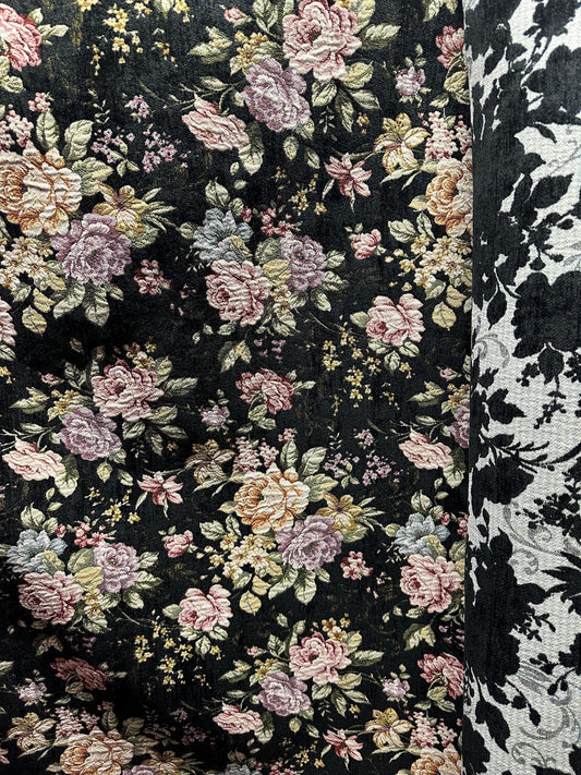 Black Multicolor Floral Chenille Upholstery Fabric (54 in.) Sold By The Yard