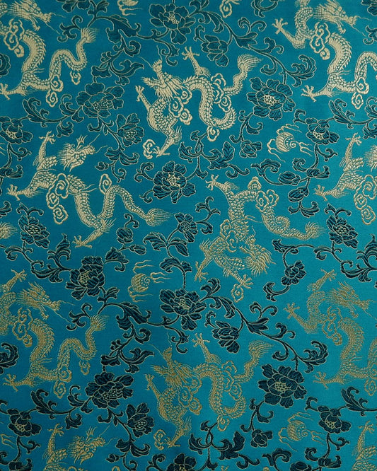 Turquoise Gold Floral Dragon Silk Brocade Fabric (30 in.) Sold By The Yard