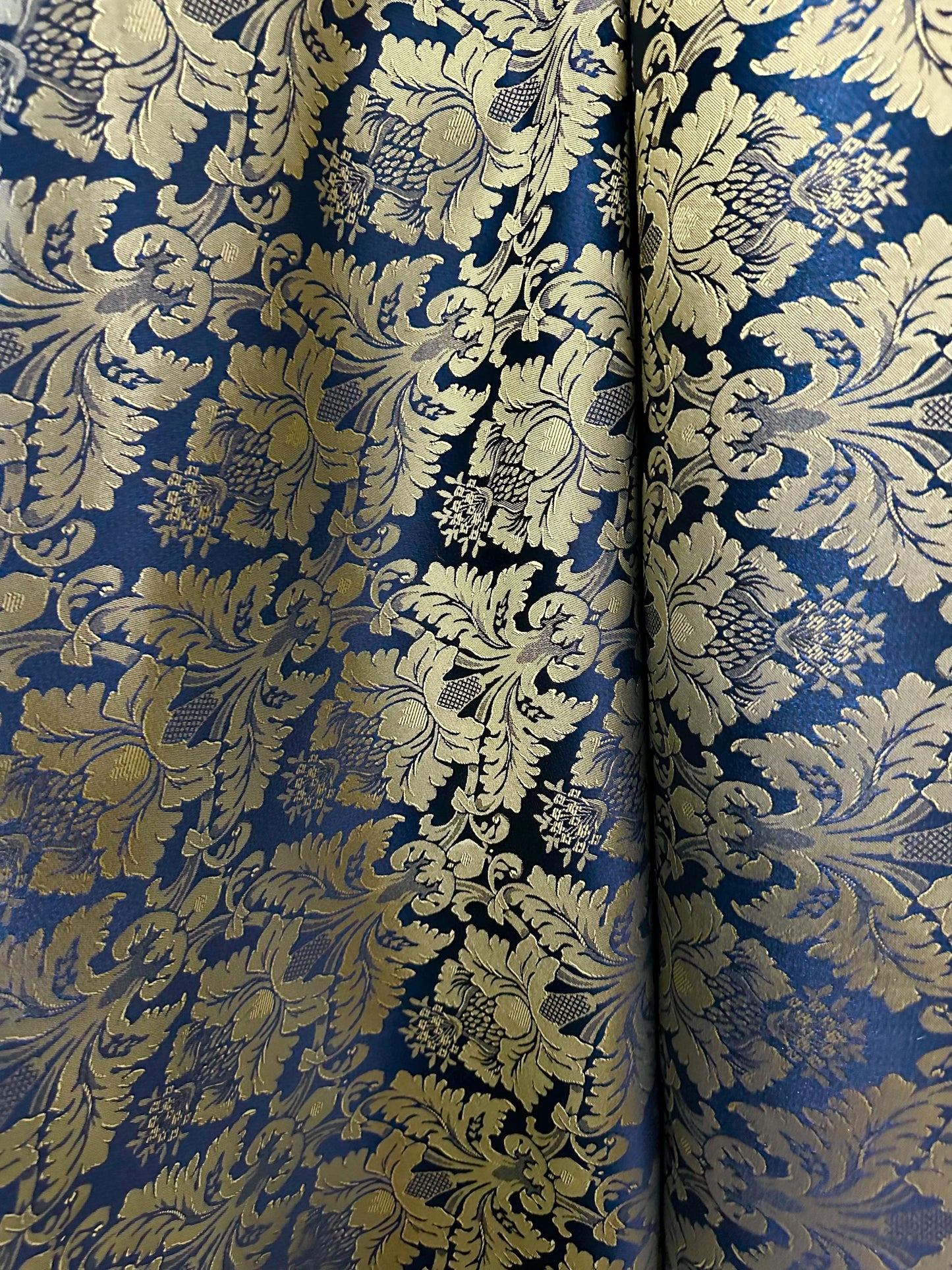 NAVY BLUE GOLD Damask Jacquard Brocade Flower Floral Fabric (110 in.) Sold By The Yard