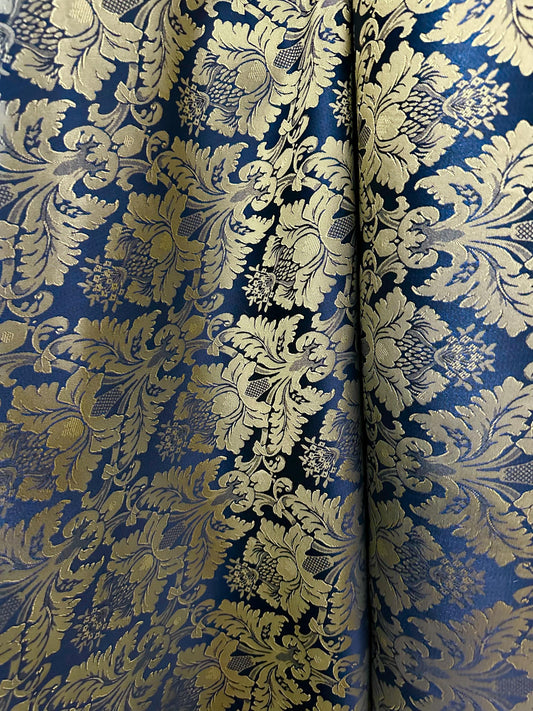 NAVY BLUE GOLD Damask Jacquard Brocade Flower Floral Fabric (110 in.) Sold By The Yard