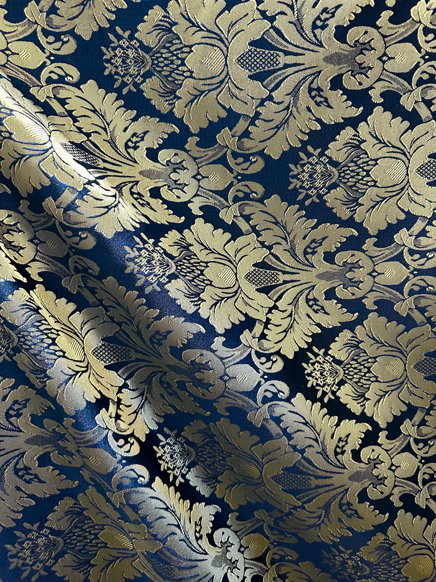 NAVY BLUE GOLD Damask Jacquard Brocade Flower Floral Fabric (110 in.) Sold By The Yard