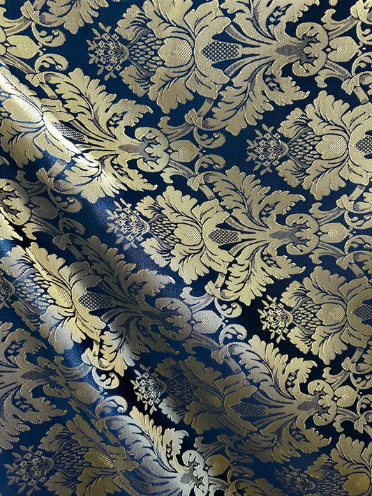 NAVY BLUE GOLD Damask Jacquard Brocade Flower Floral Fabric (110 in.) Sold By The Yard