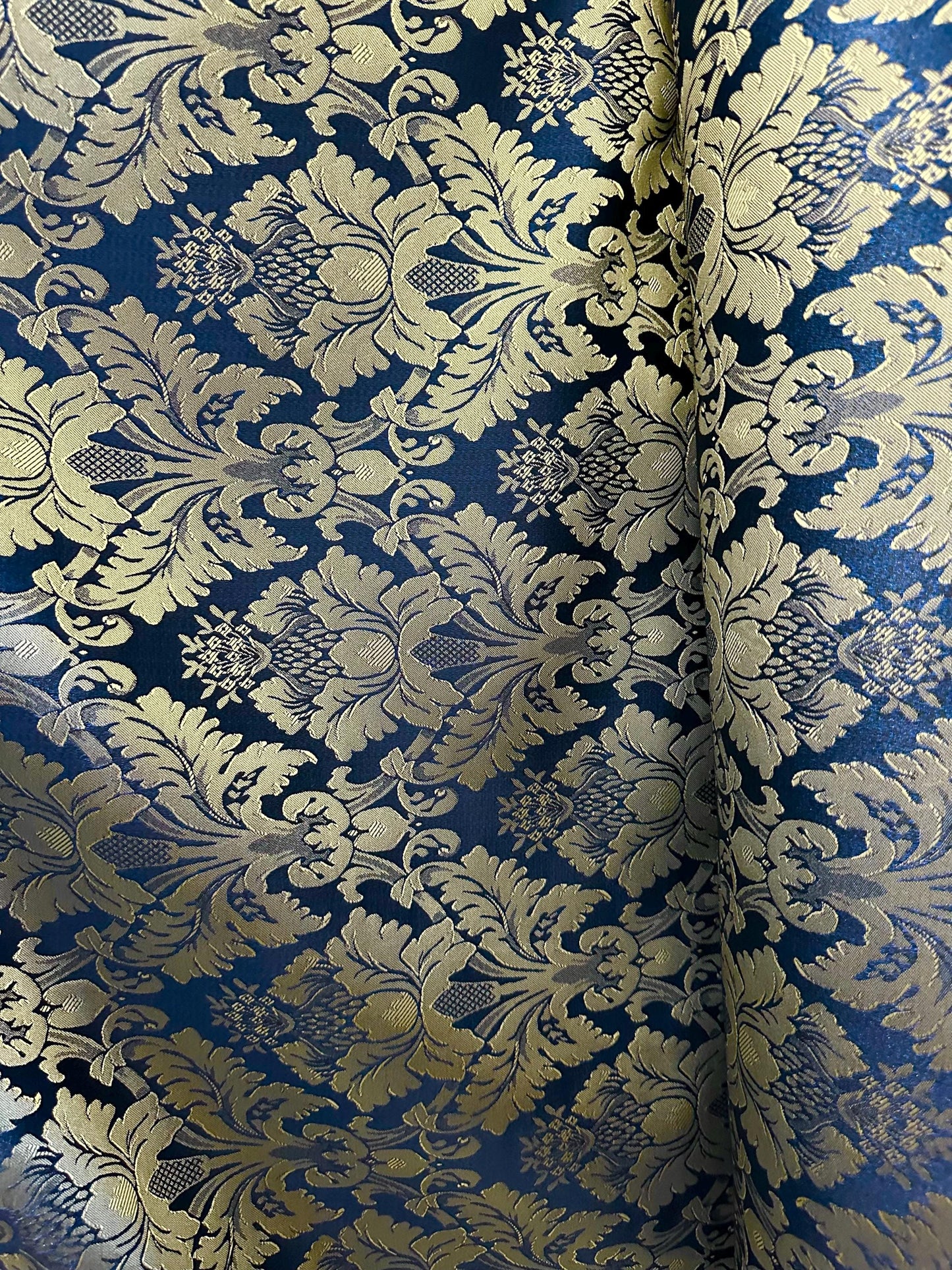 NAVY BLUE GOLD Damask Jacquard Brocade Flower Floral Fabric (110 in.) Sold By The Yard