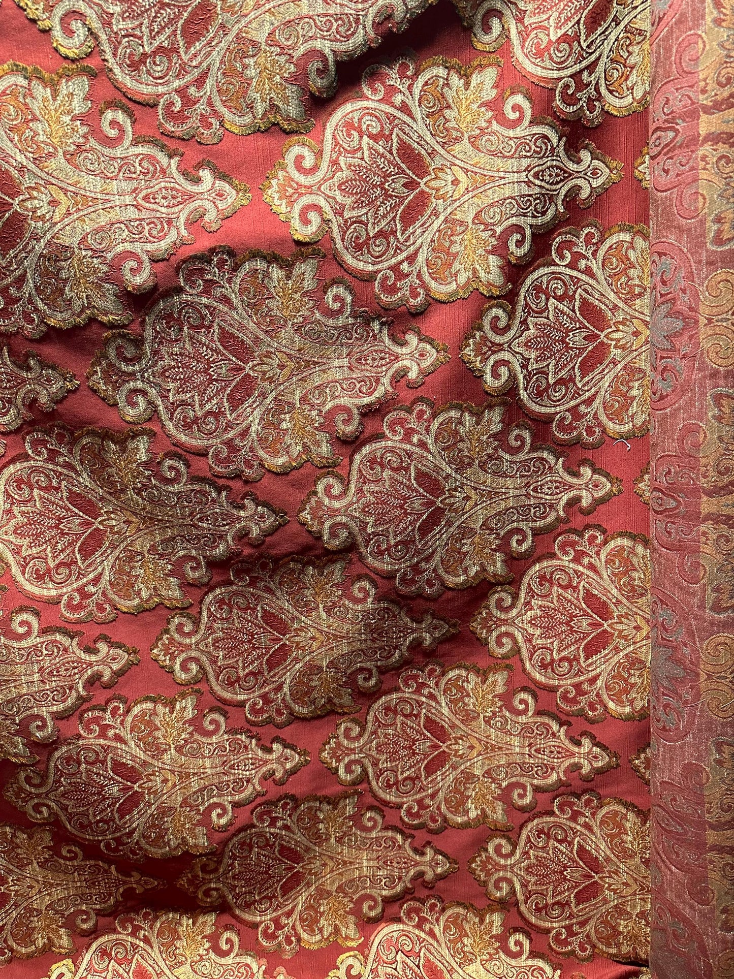 Burgundy Gold Sage Damask Upholstery Drapery Brocade Fabric (56 in.) Sold By The Yard