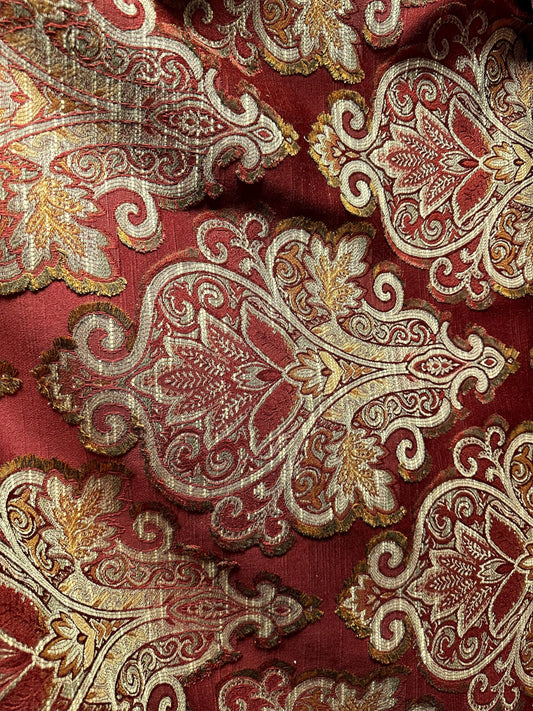 Burgundy Gold Sage Damask Upholstery Drapery Brocade Fabric (56 in.) Sold By The Yard
