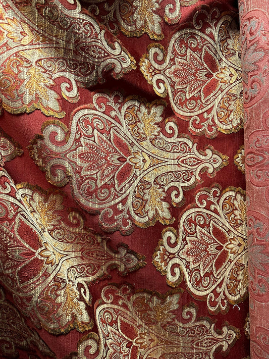 Burgundy Gold Sage Damask Upholstery Drapery Brocade Fabric (56 in.) Sold By The Yard