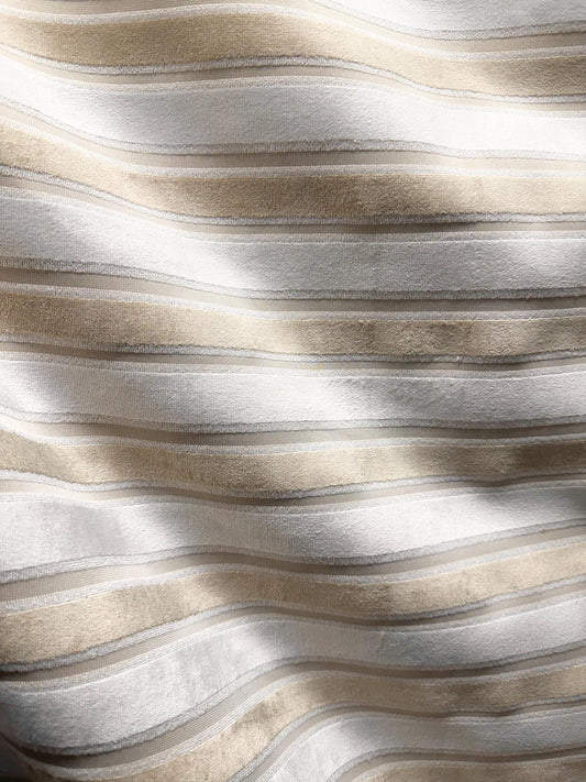 IVORY BEIGE Striped Velvet Upholstery Brocade Fabric (54 in.) Sold By The Yard