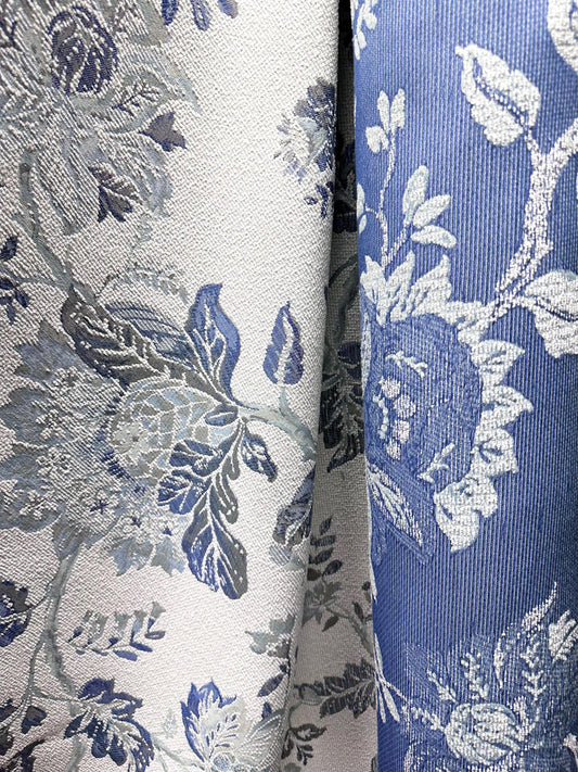 WHITE BLUE Floral Chenille Upholstery Fabric (54 in.) Sold By The Yard