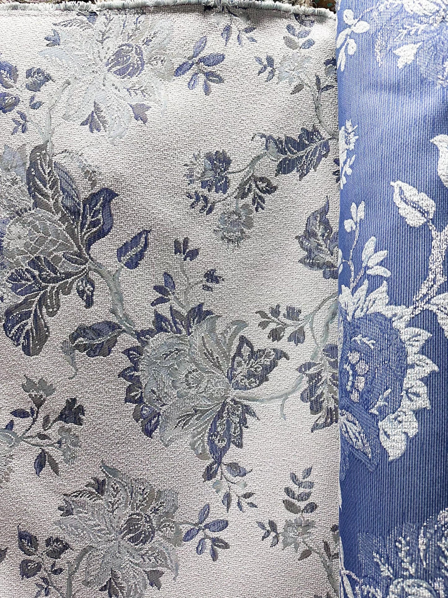 WHITE BLUE Floral Chenille Upholstery Fabric (54 in.) Sold By The Yard
