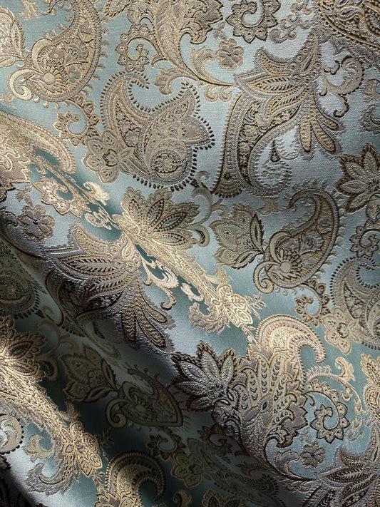 BLUE BROWN GOLD Floral Paisley Brocade Upholstery Drapery Fabric (54 in.) Sold By The Yard
