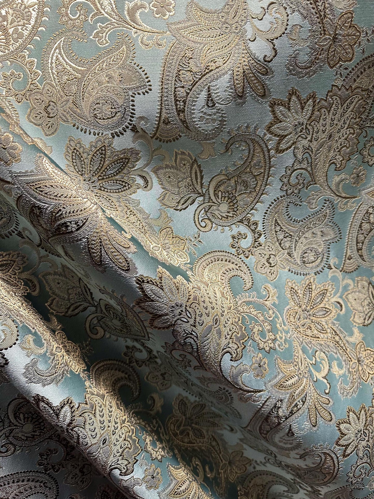BLUE BROWN GOLD Floral Paisley Brocade Upholstery Drapery Fabric (54 in.) Sold By The Yard