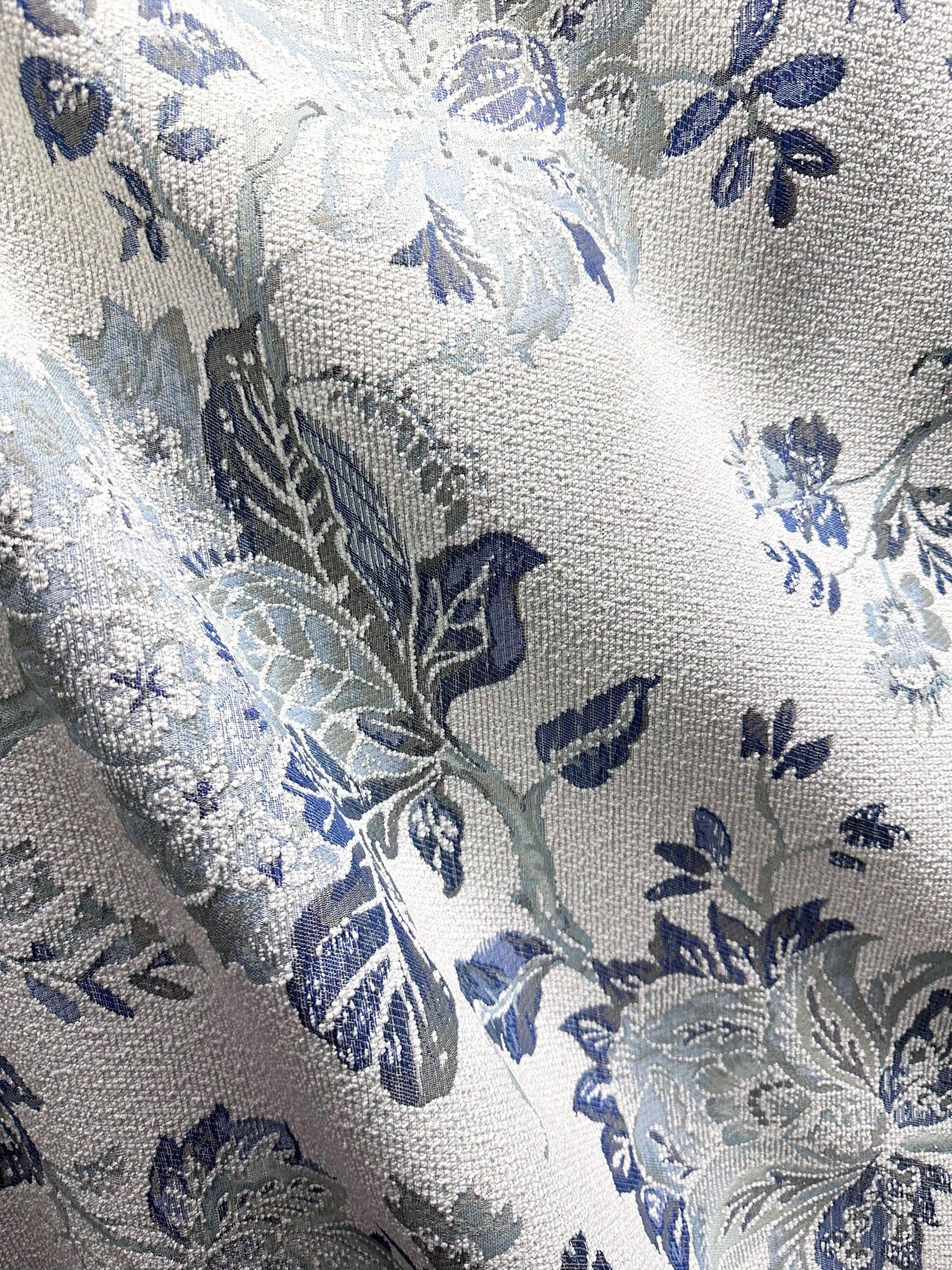 WHITE BLUE Floral Chenille Upholstery Fabric (54 in.) Sold By The Yard