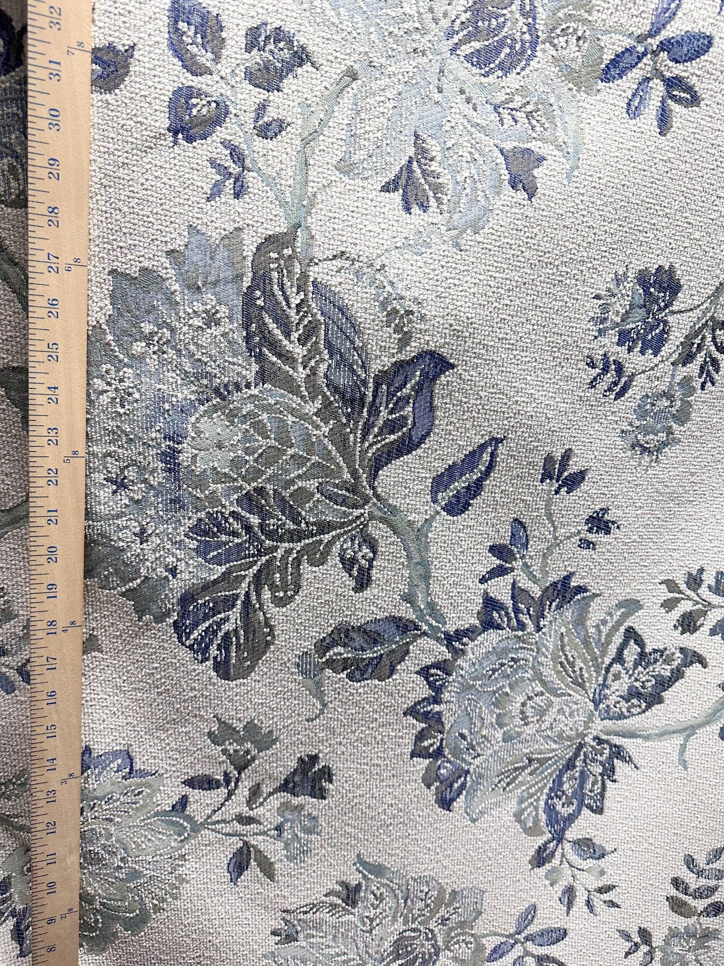 WHITE BLUE Floral Chenille Upholstery Fabric (54 in.) Sold By The Yard