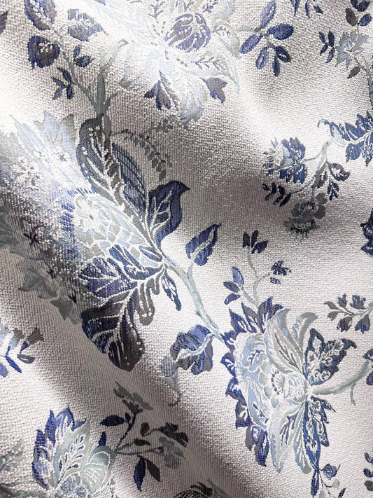 WHITE BLUE Floral Chenille Upholstery Fabric (54 in.) Sold By The Yard