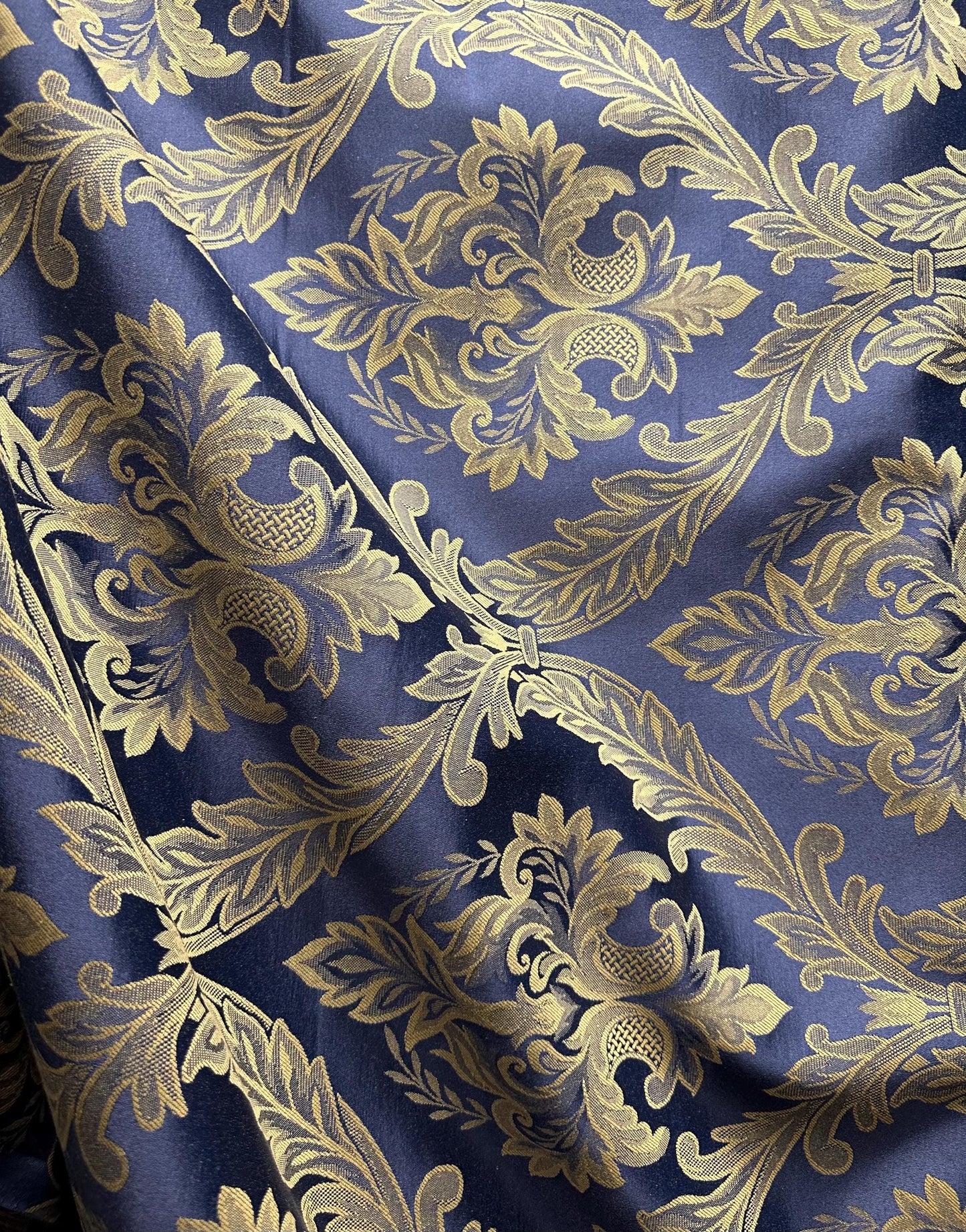 NAVY GOLD Damask Brocade Upholstery Drapery Fabric (110 in.) Sold By The Yard