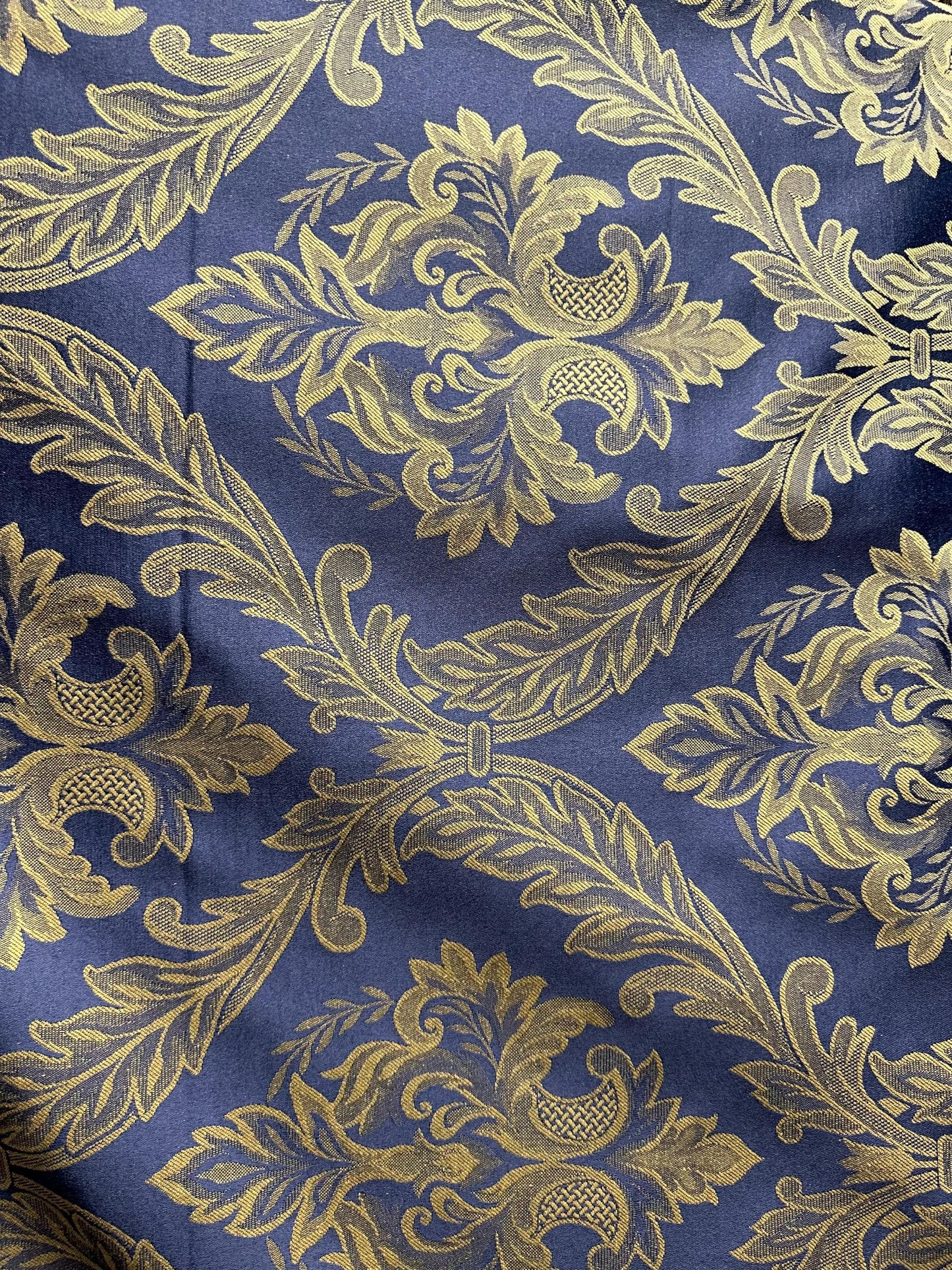 NAVY GOLD Damask Brocade Upholstery Drapery Fabric (110 in.) Sold By The Yard