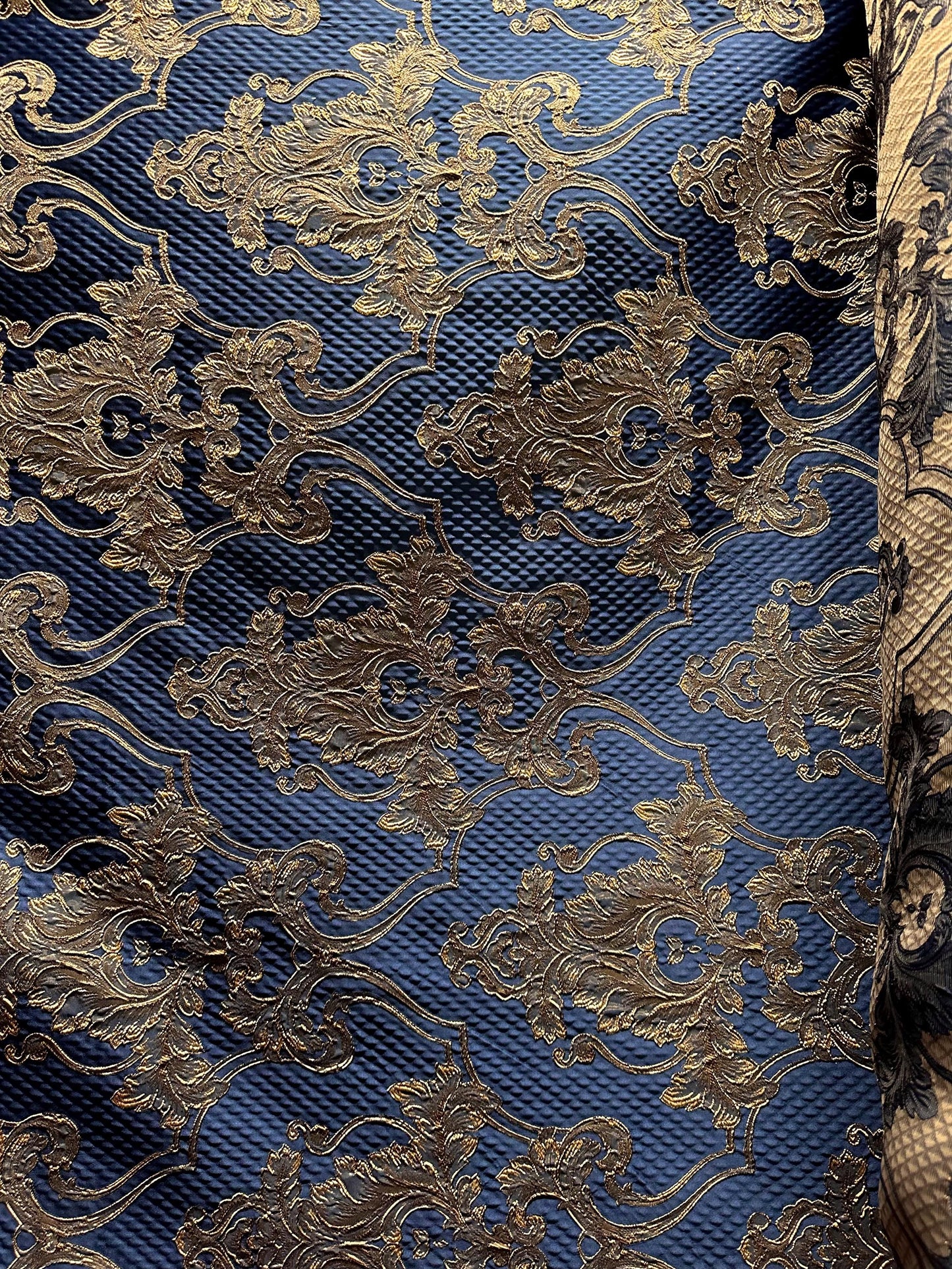 NAVY GOLD Damask Brocade Upholstery Drapery Fabric (56 in.) Sold By The Yard