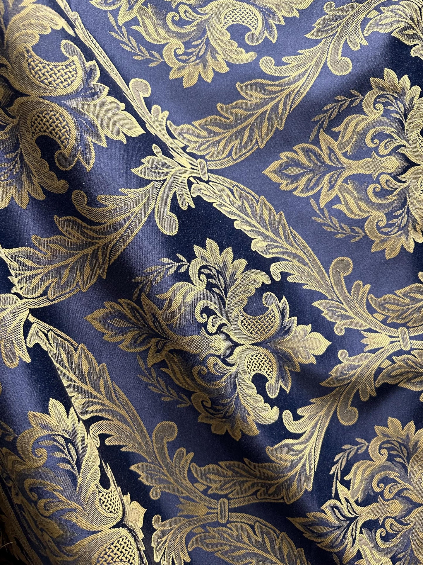 NAVY GOLD Damask Brocade Upholstery Drapery Fabric (110 in.) Sold By The Yard