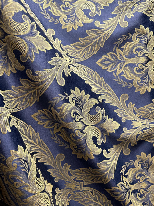 NAVY GOLD Damask Brocade Upholstery Drapery Fabric (110 in.) Sold By The Yard
