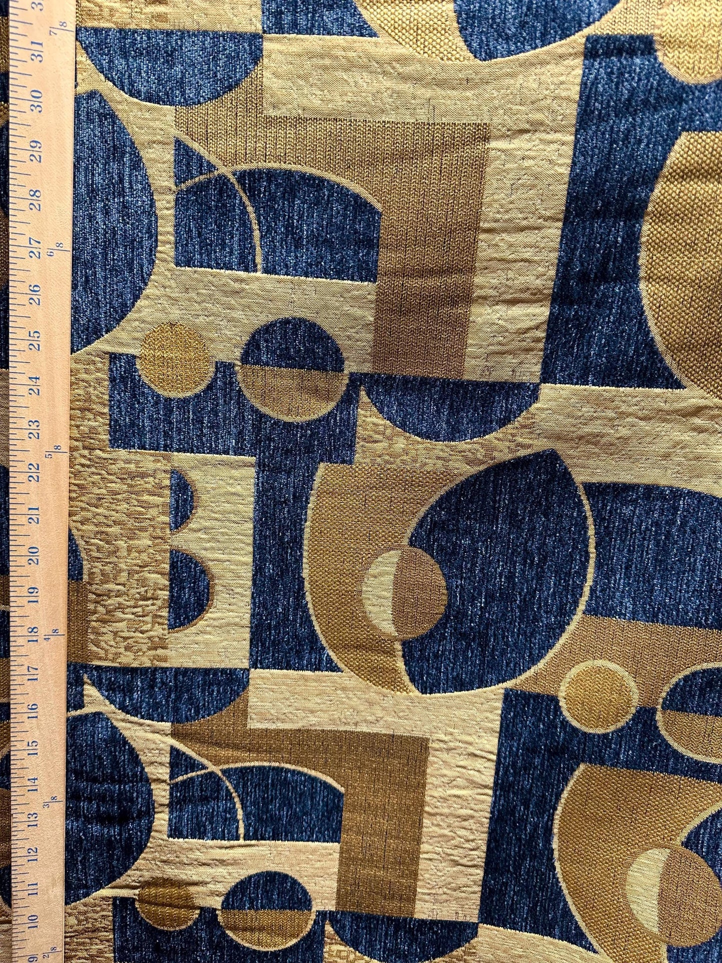 BLUE BEIGE GOLD Geometric Chenille Upholstery Brocade Fabric (58 in.) Sold By The Yard